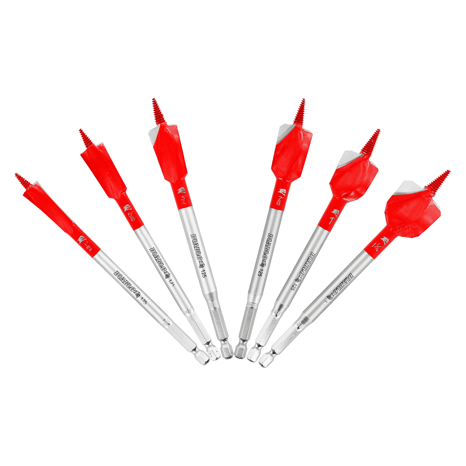 Six spade drill bits with red handles and gray metal shafts arranged in a fan pattern.