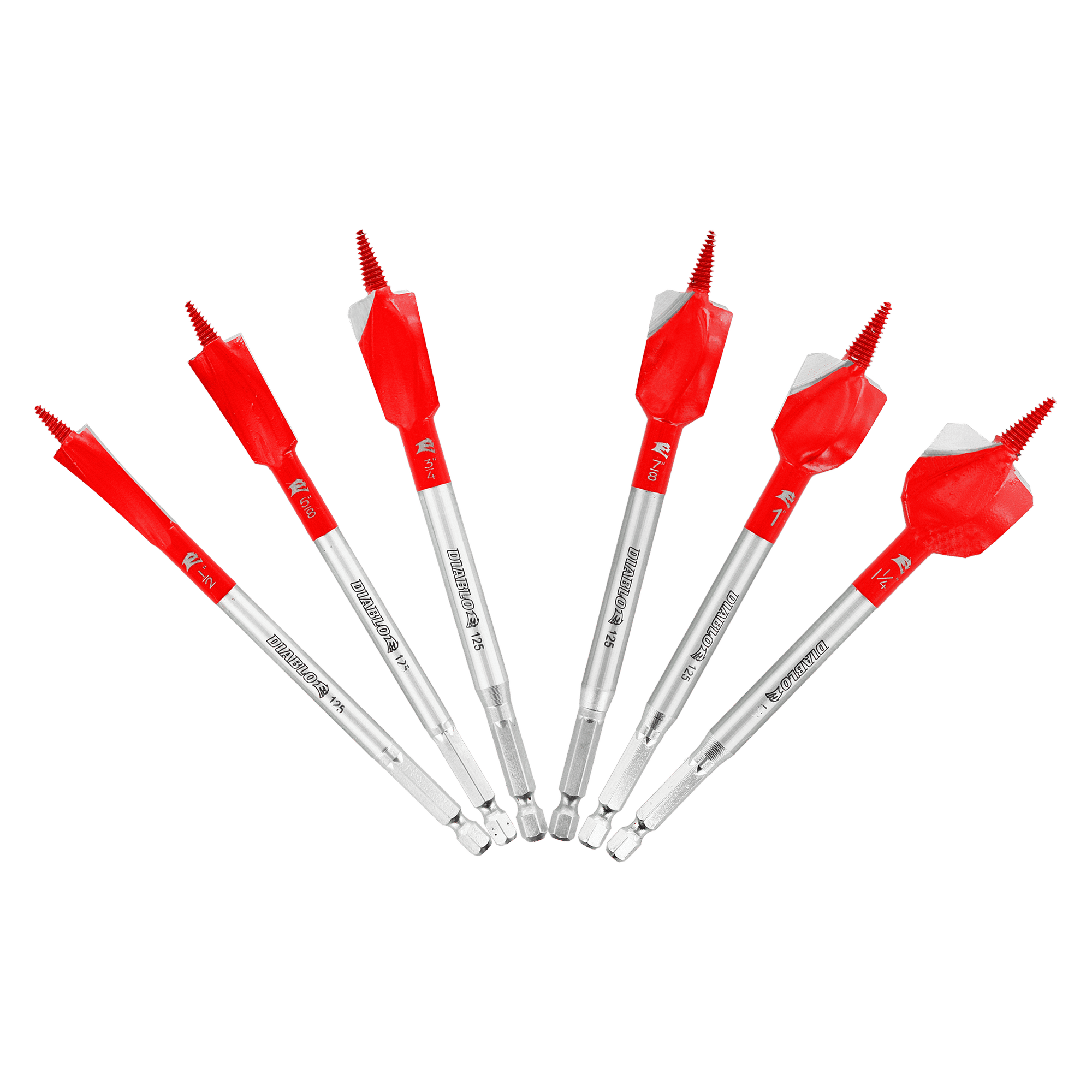 Six spade drill bits with red handles and gray metal shafts arranged in a fan pattern.