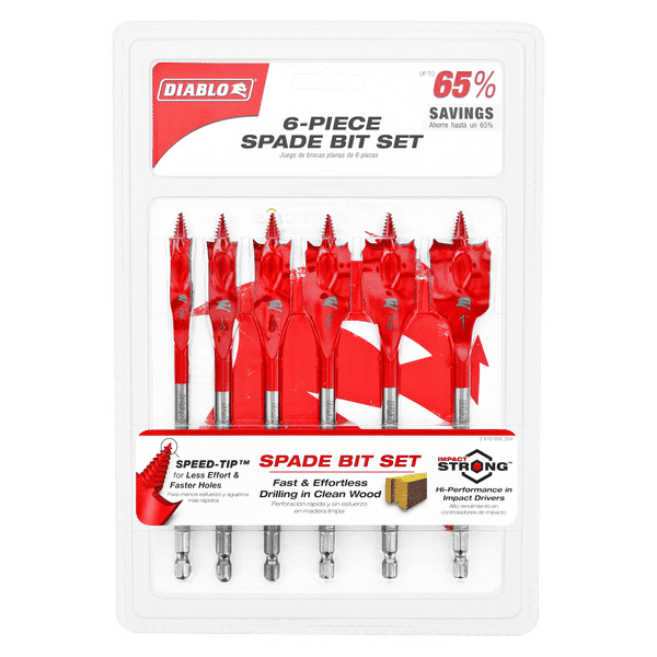 Six red spade drill bits with metal shanks arranged in a clear plastic Diablo branded package.