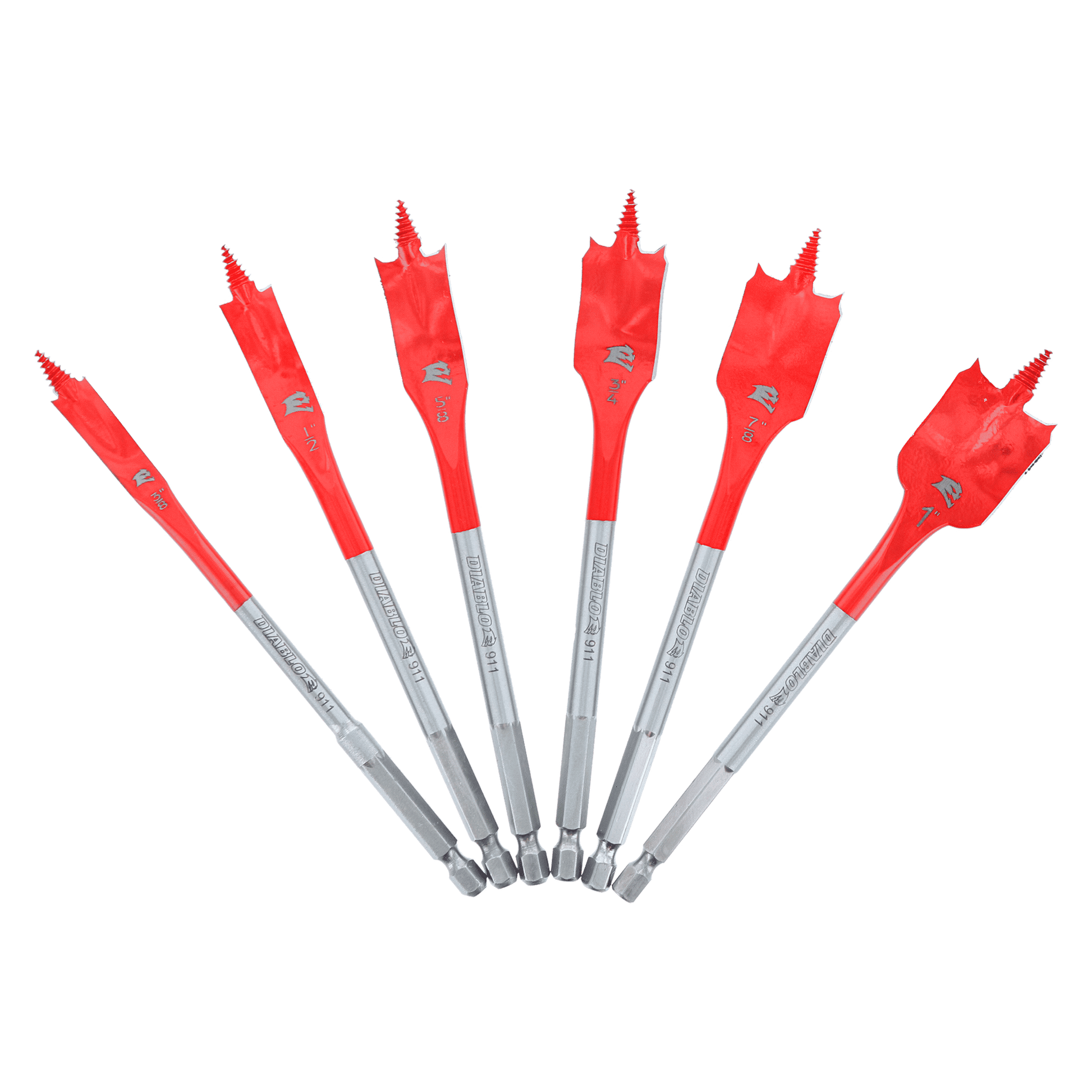 Six red and gray spade bits arranged in a fan pattern, varying in size from smallest to largest.
