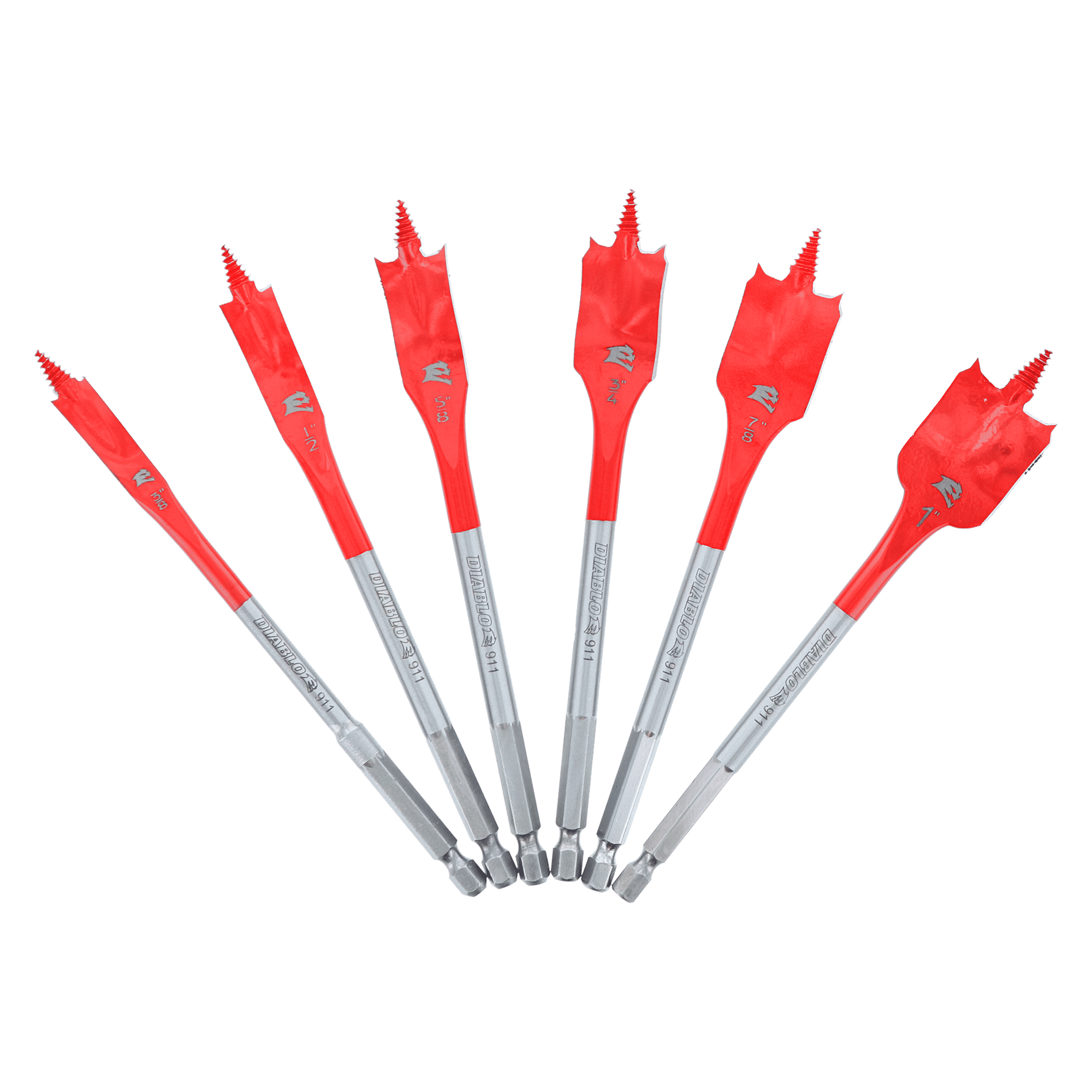 Six red and gray spade bits arranged in a fan pattern, varying in size from smallest to largest.