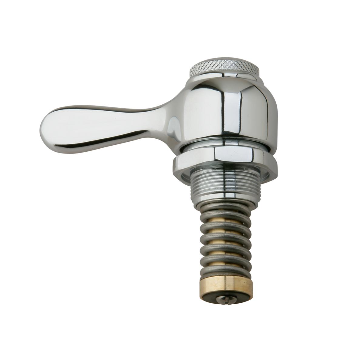 Chrome faucet stem assembly with lever handle and brass threaded base connector.