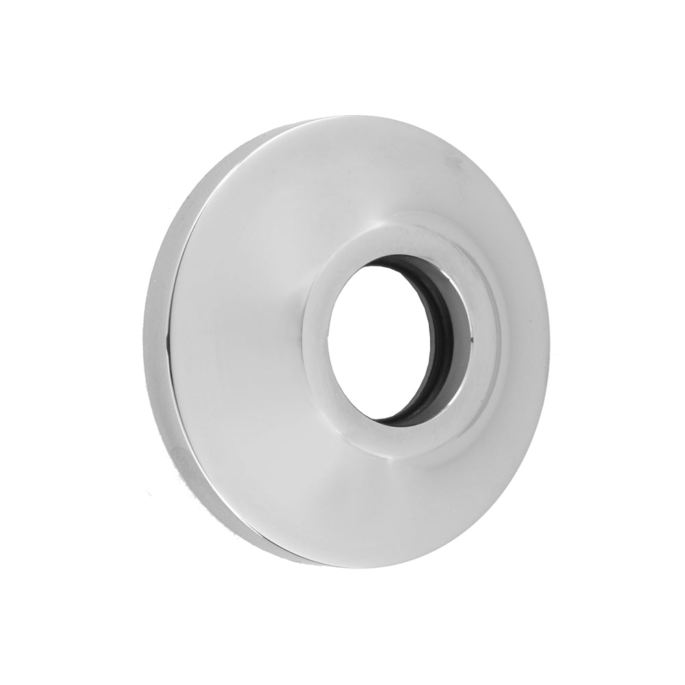 Polished nickel round escutcheon with central opening and recessed rim detail.