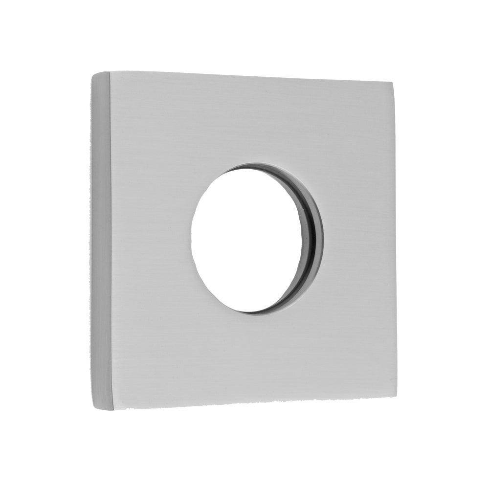 Polished chrome square escutcheon with circular opening, 2" x 2" size.
