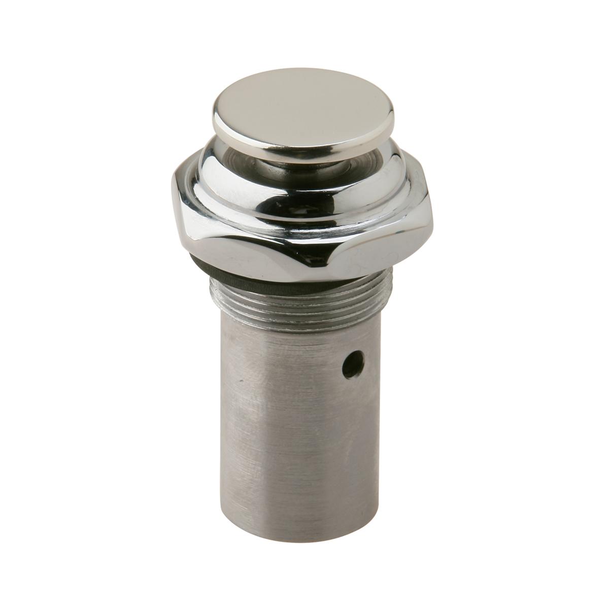 Chrome push button stem assembly with cylindrical metal body and threaded base.
