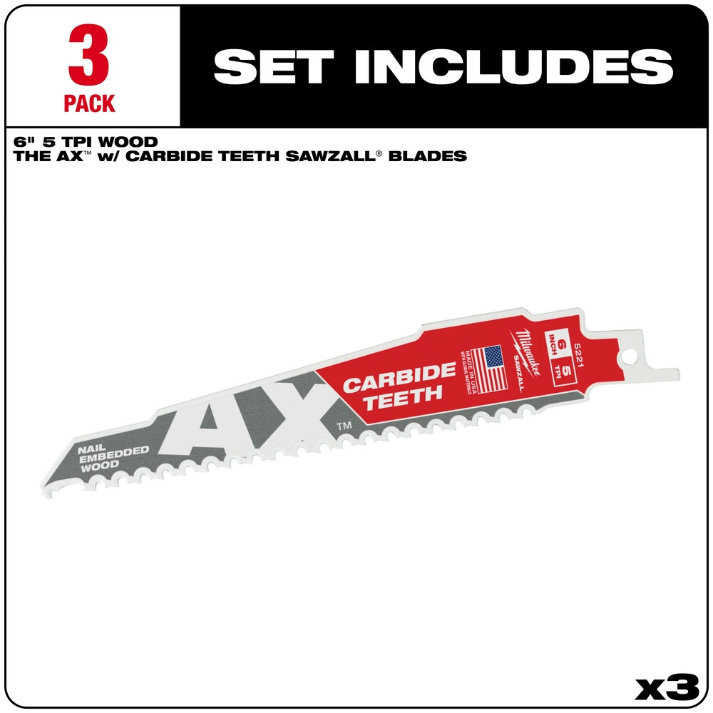 6" reciprocating saw blade with carbide teeth and red and black design, shown at an angle.