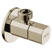 Polished nickel angle valve with round wall flange, threaded outlet, and rectangular body stamped Delta.