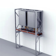 Two stacked rectangular metal tankless water heater units mounted on a steel frame against white background.