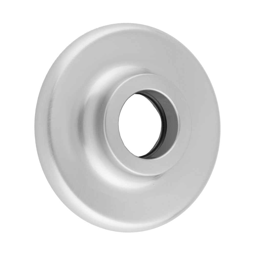 Round satin gold escutcheon with concentric rings and central opening for pipe or valve installation.
