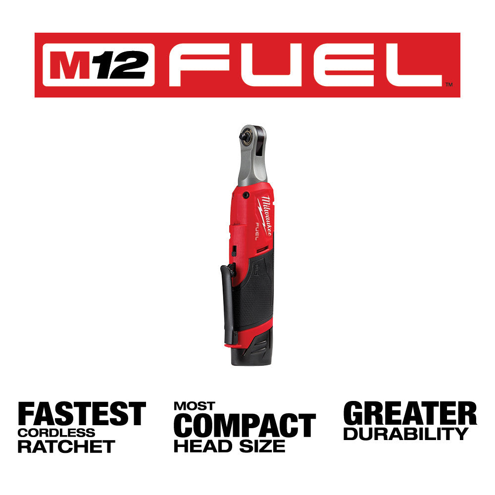 Red and black Milwaukee M12 FUEL cordless ratchet with gray metal head and grip handle.