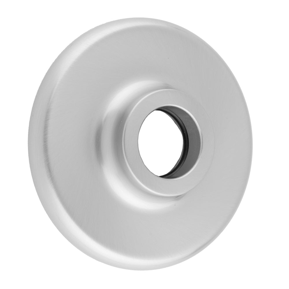 Round escutcheon with concentric rings and center opening in brushed metal finish.