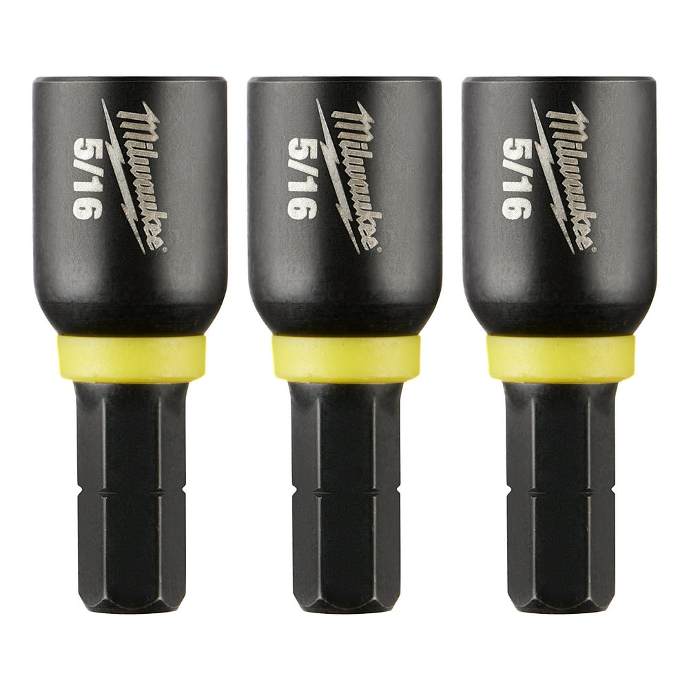 Three 5/16" magnetic nut drivers with black sockets, yellow collars, and black hex shanks labeled "Shockwave" and "5/16".