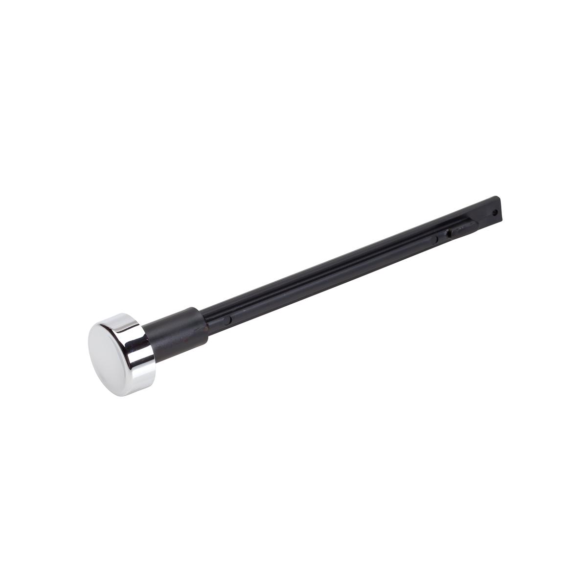 Elkay push button assembly with chrome cap and black stem on white background.