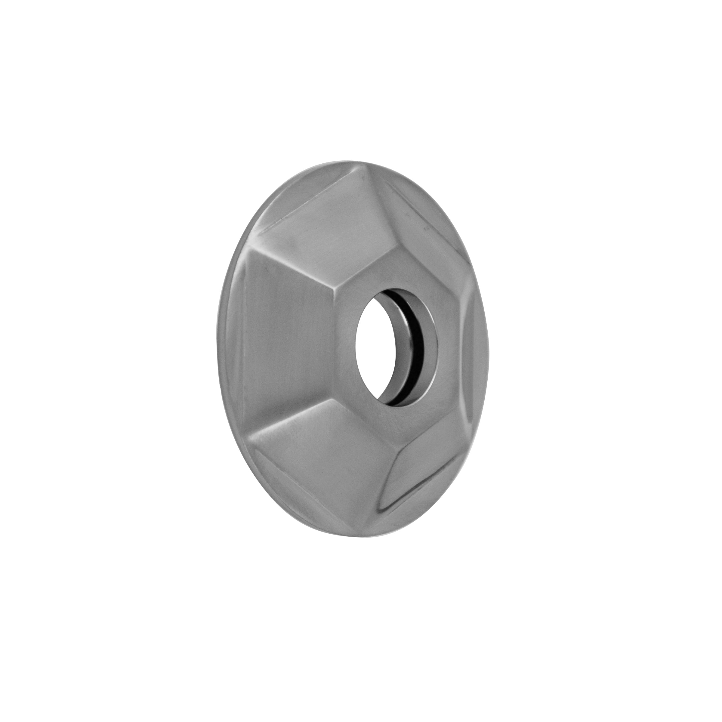 Hexagonal satin gold escutcheon with center opening and black trim ring.