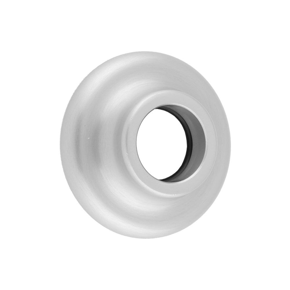 Satin gold traditional escutcheon with concentric circular rings and center hole opening.