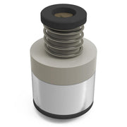 Cylindrical regulator assembly with stacked metal springs, tan collar band, white body section, and black top cap with center