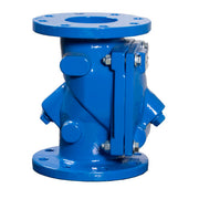 Blue 4" flanged check valve with stainless steel internals, bolted flanges top and bottom, lever operator on side.