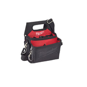 Black and red Milwaukee work pouch with handle, multiple pockets, side attachment loops, and adjustable black belt with buckl