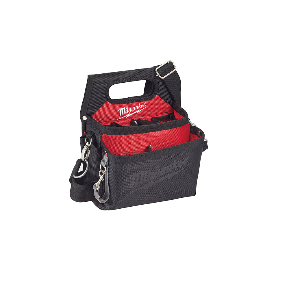 Black and red Milwaukee work pouch with handle, multiple pockets, side attachment loops, and adjustable black belt with buckl
