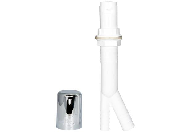 White plastic air gap with chrome cap and outlet ports.