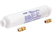 White cylindrical water filter with blue text and two brass connector fittings displayed separately.
