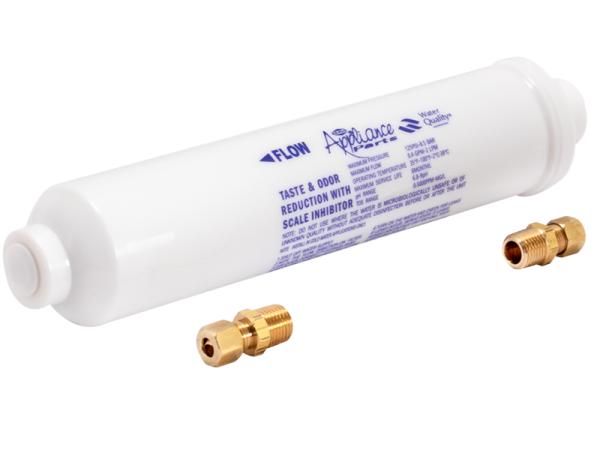 White cylindrical water filter with blue text and two brass connector fittings displayed separately.