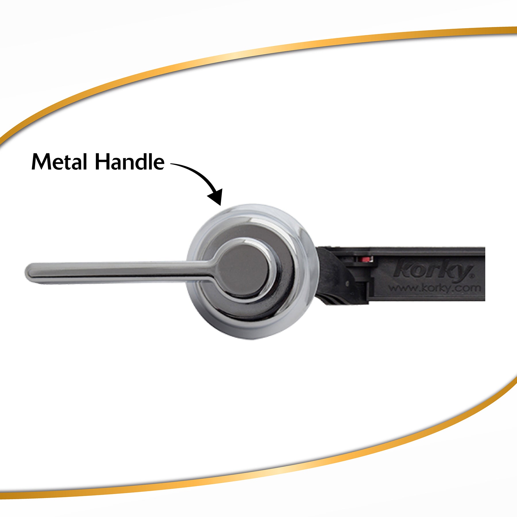 Chrome toilet handle lever with metal arm and circular mounting base, black connector visible on right side.