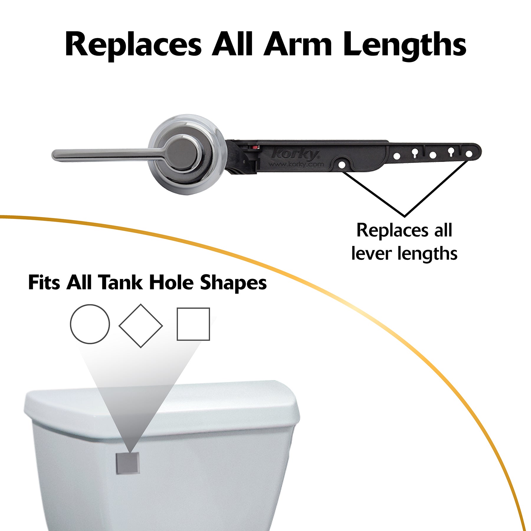 Chrome toilet handle lever with black mounting bracket and adjustment holes for universal tank compatibility.