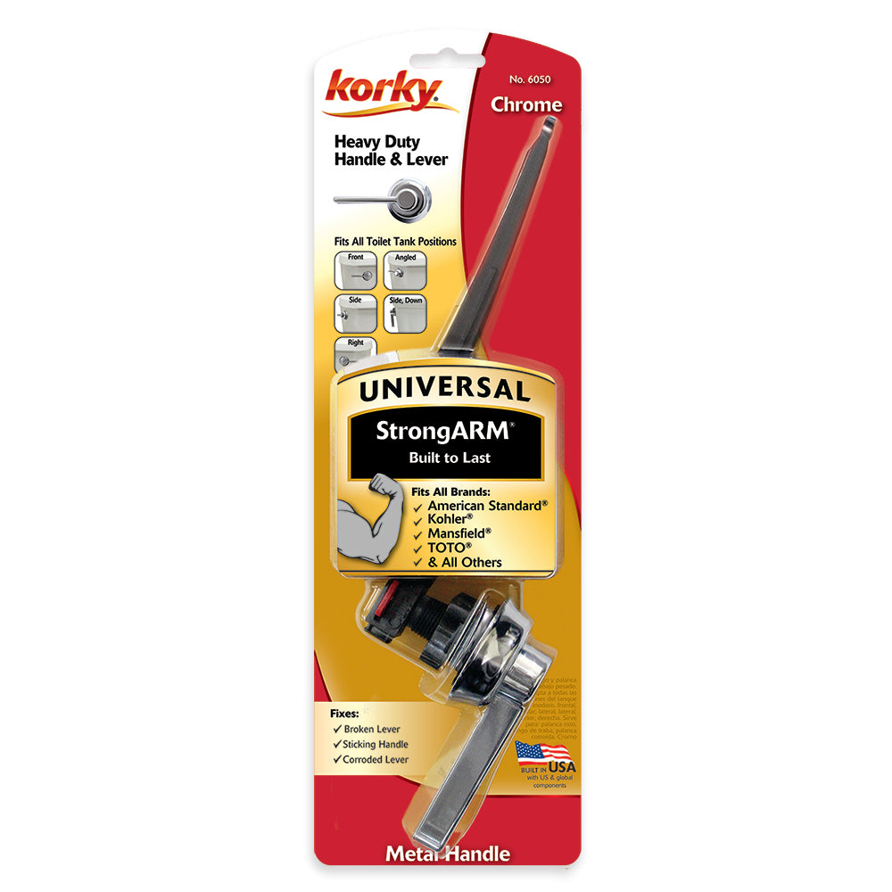 Chrome toilet handle lever with metal construction and mounting hardware on product packaging.
