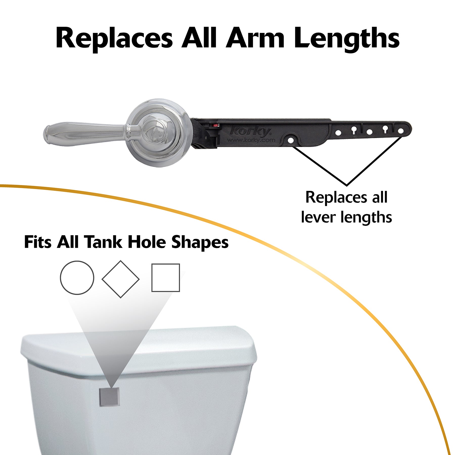 Chrome toilet handle lever with clear rounded end and black mounting bracket with multiple adjustment holes.