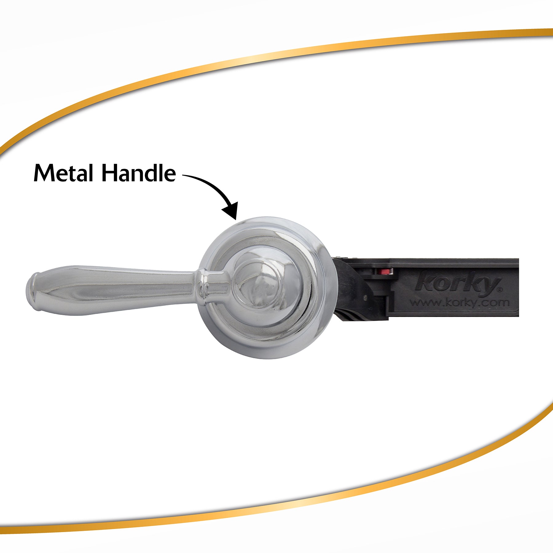 Chrome toilet handle lever with clear plastic cap and metal handle arm extending to the left.