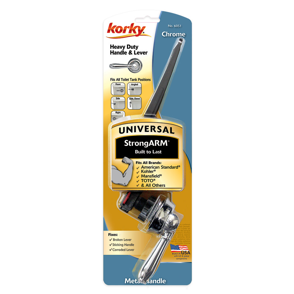 Chrome toilet handle lever with metal arm and faucet-style design on retail packaging card.