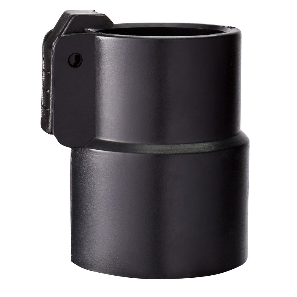 Black cylindrical hose clip adapter with side-mounted bracket and attachment hole.