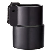 Black cylindrical hose clip adapter with side-mounted bracket and attachment hole.