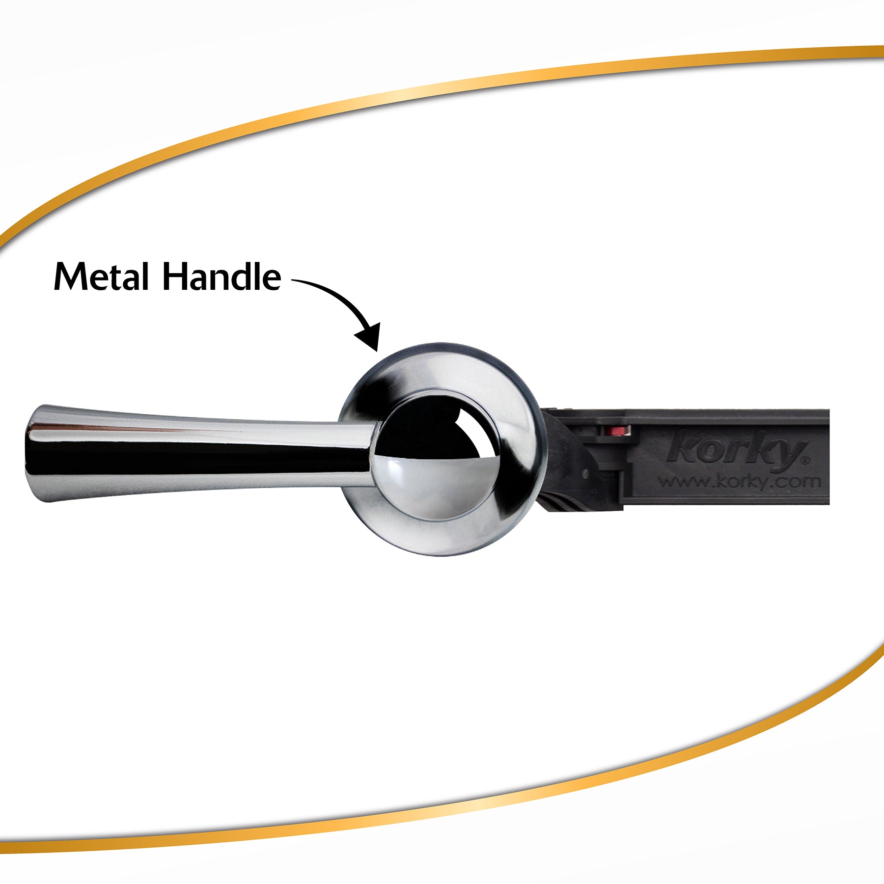 Chrome toilet handle lever with cylindrical metal arm and round mounting base.