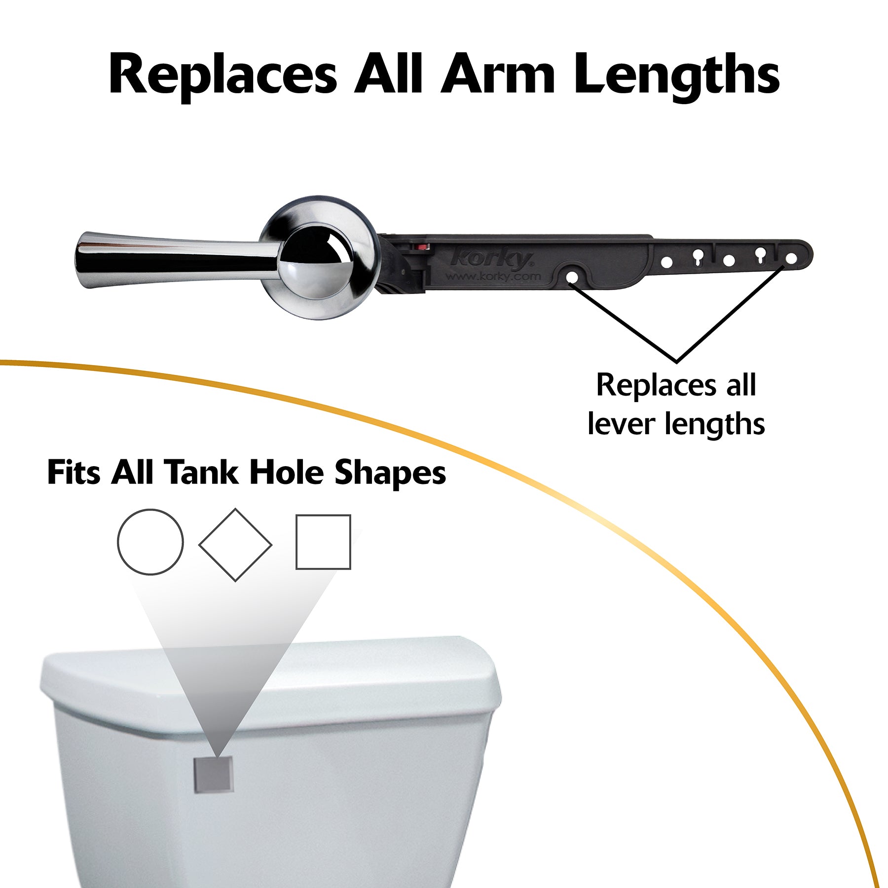 Chrome toilet handle lever with adjustable arm and mounting bracket for various tank hole shapes.