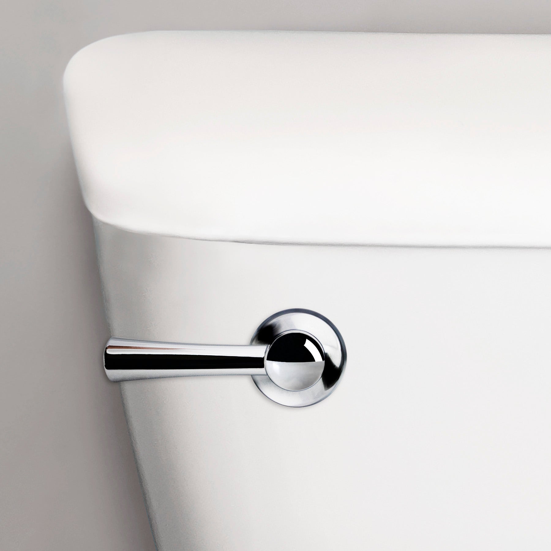Chrome toilet handle lever with circular backplate mounted on white porcelain tank.