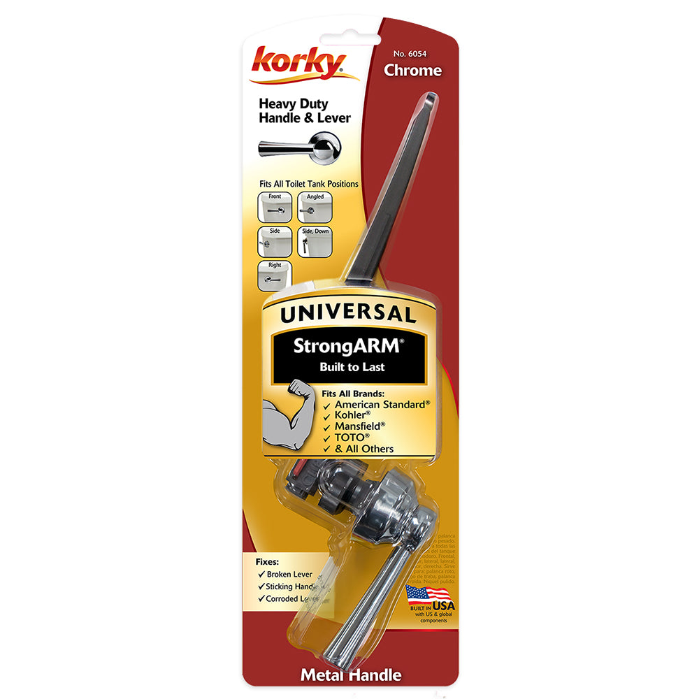 Chrome StrongARM toilet handle and lever with universal tank mount fitting and metal construction, shown in packaging.