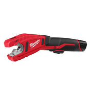Red and black Milwaukee cordless tubing cutter with metal cutting head and grip handle.