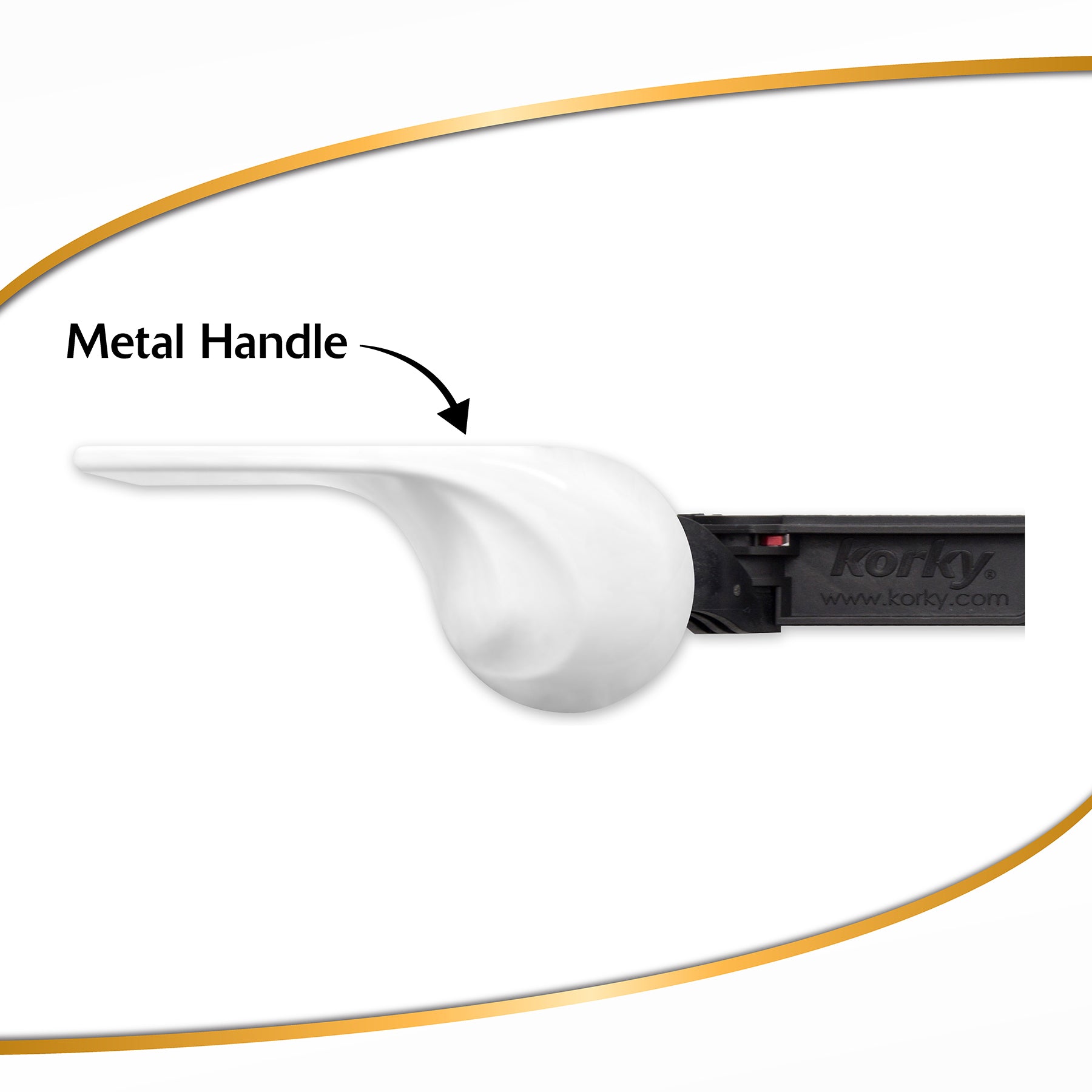 White toilet handle with curved metal lever and black mounting bracket.