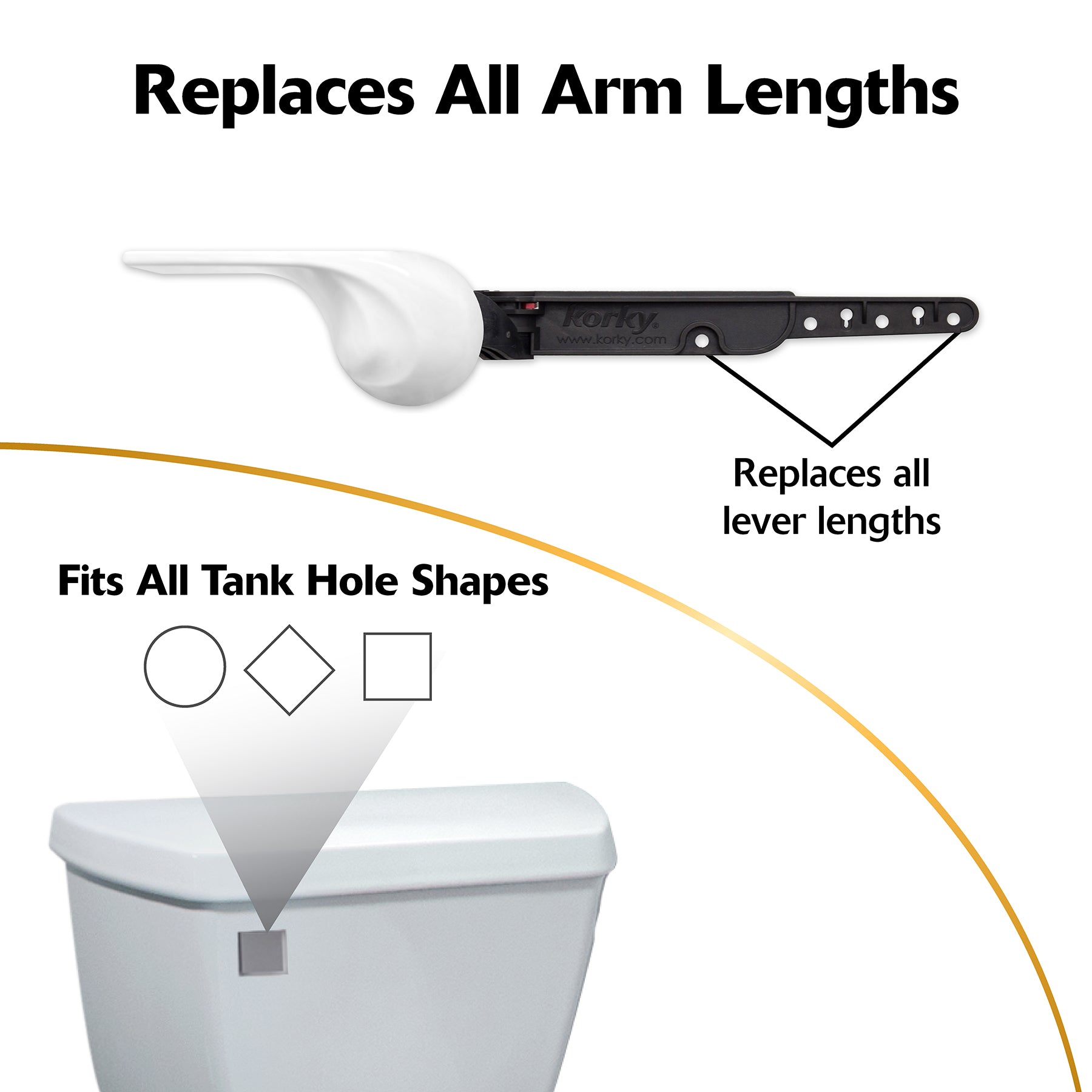 White wave-style toilet handle with black mounting arm, universal fit for various tank hole shapes.