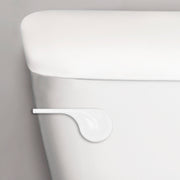 White wave-style toilet handle lever mounted on white porcelain toilet tank.
