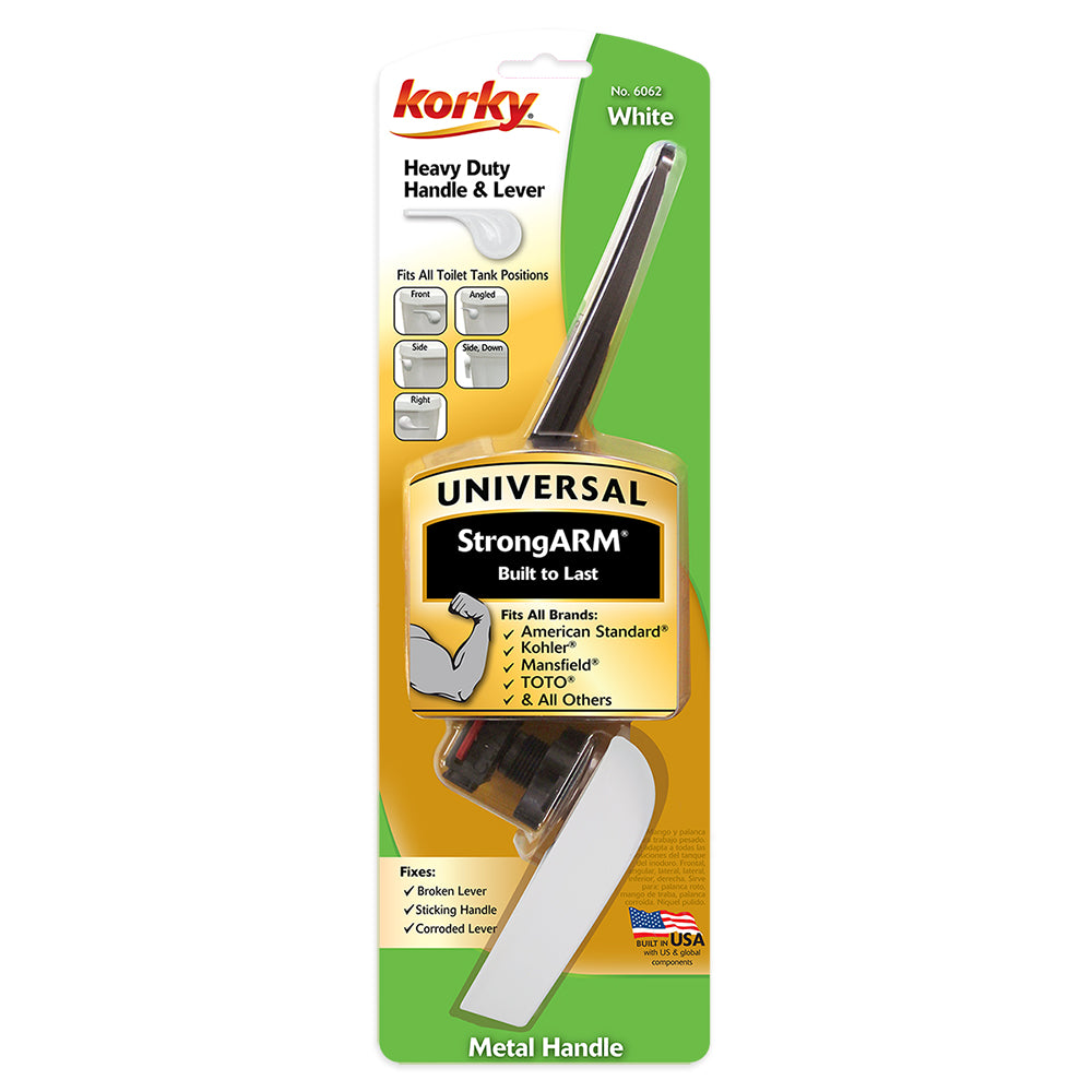 White toilet handle and wave-style lever with metal components and black accents on retail packaging.