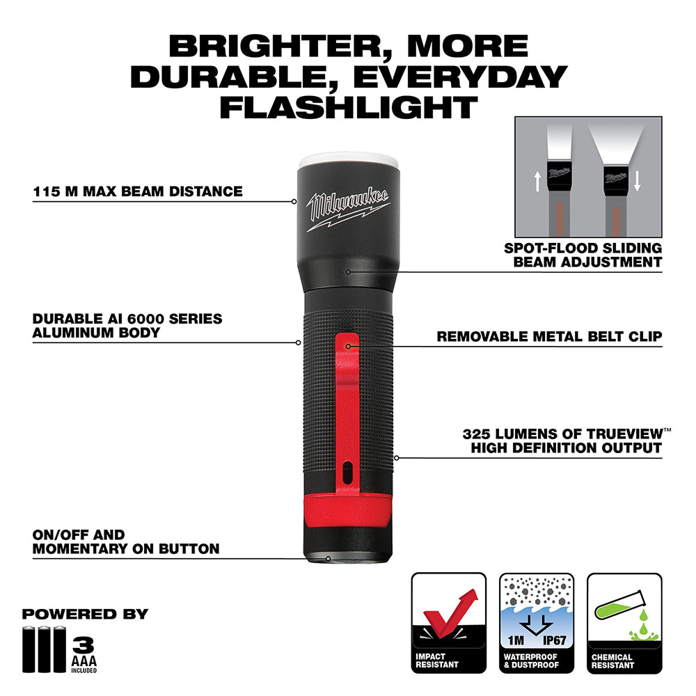 Black and red Milwaukee LED flashlight with aluminum body, red power button, metal belt clip, and adjustable beam head.
