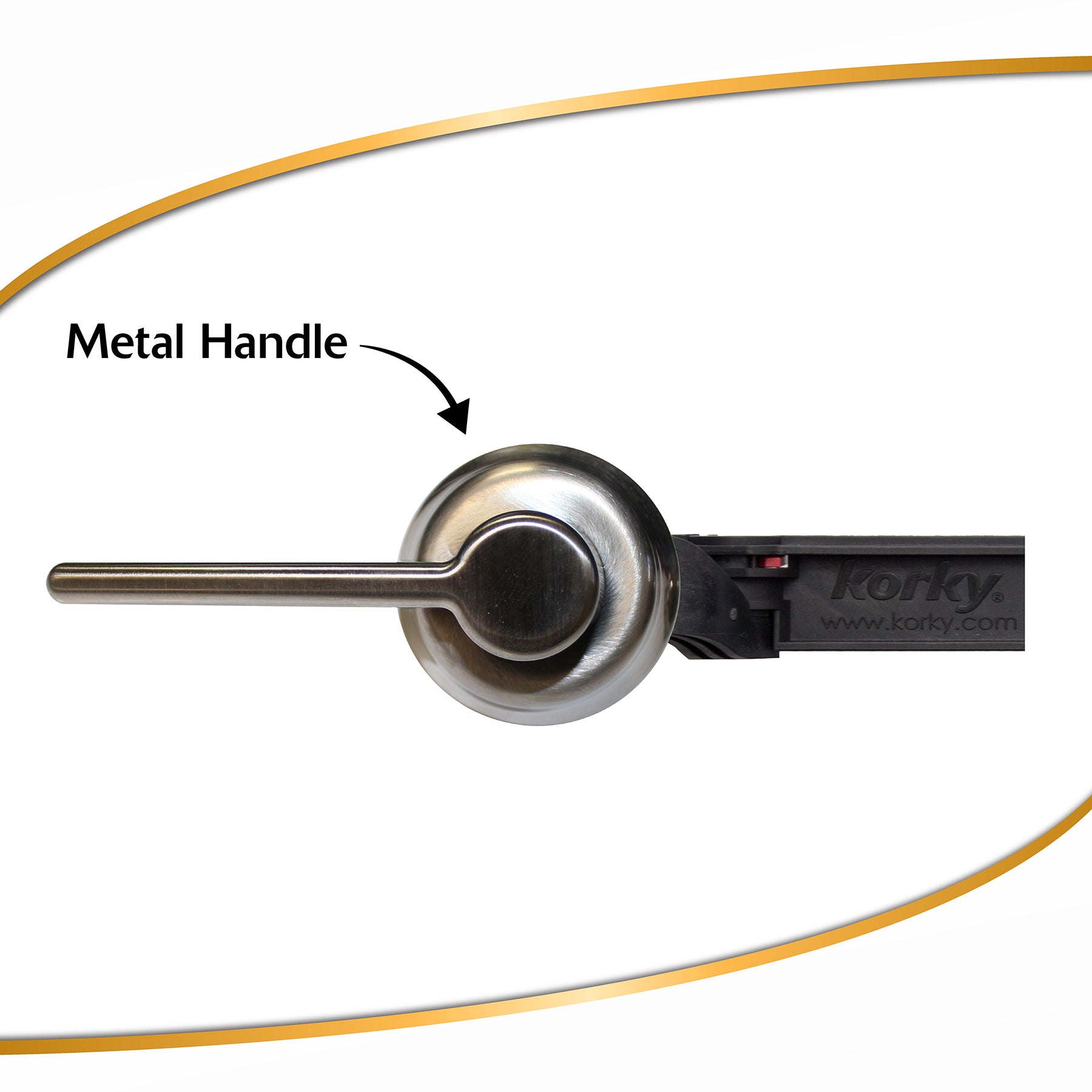 Brushed nickel toilet handle lever with cylindrical escutcheon and black mounting bracket assembly.