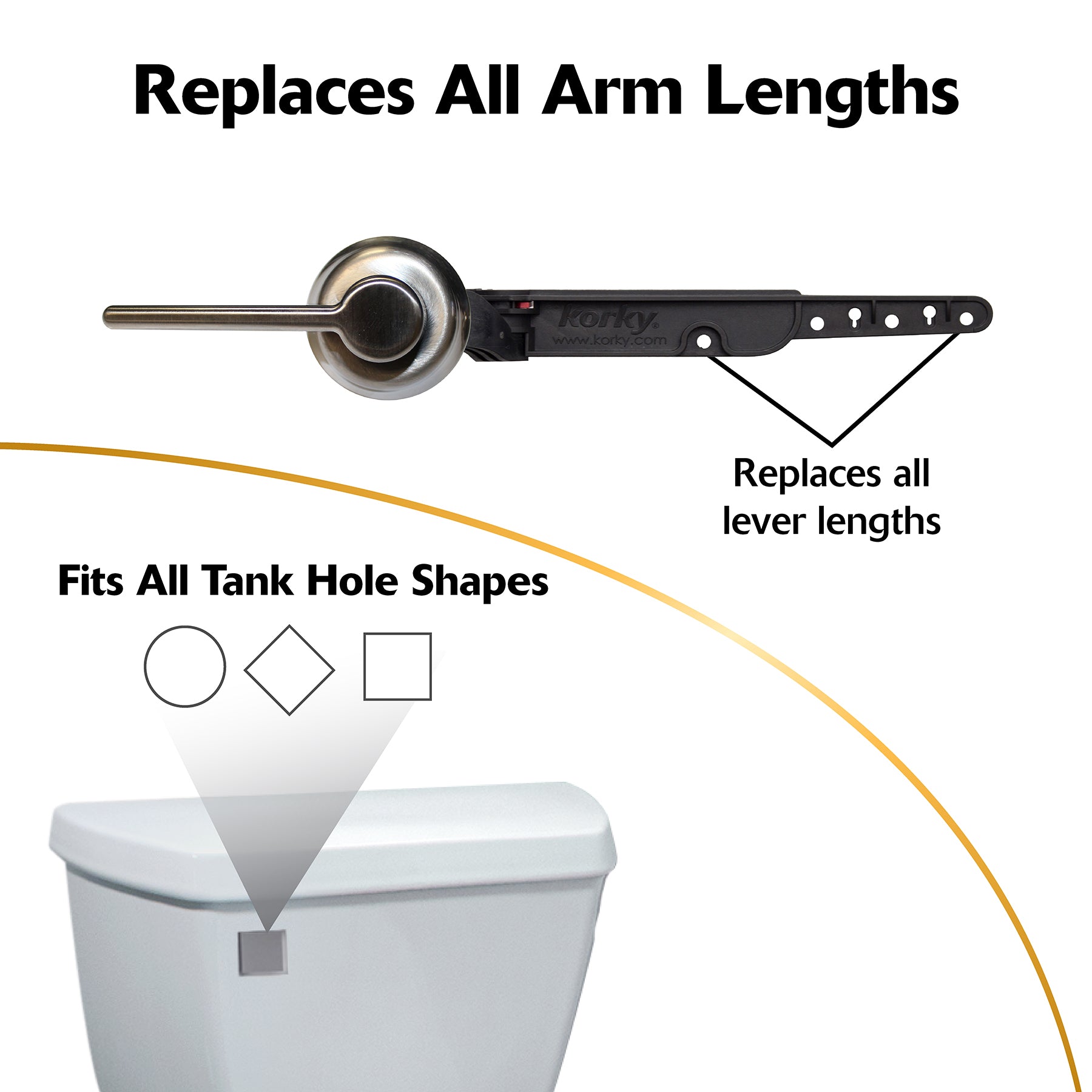 Brushed nickel toilet handle lever with black adjustable arm and mounting hardware for various tank hole shapes.