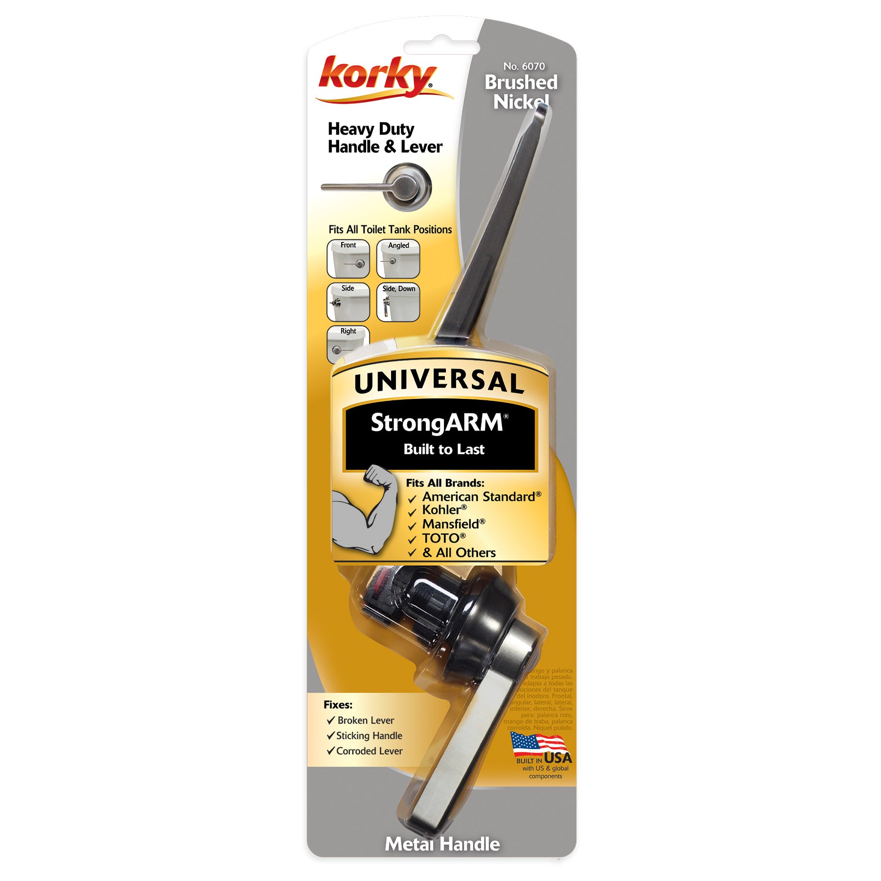 Korky StrongARM toilet handle and lever in brushed nickel with universal mounting hardware and installation packaging.
