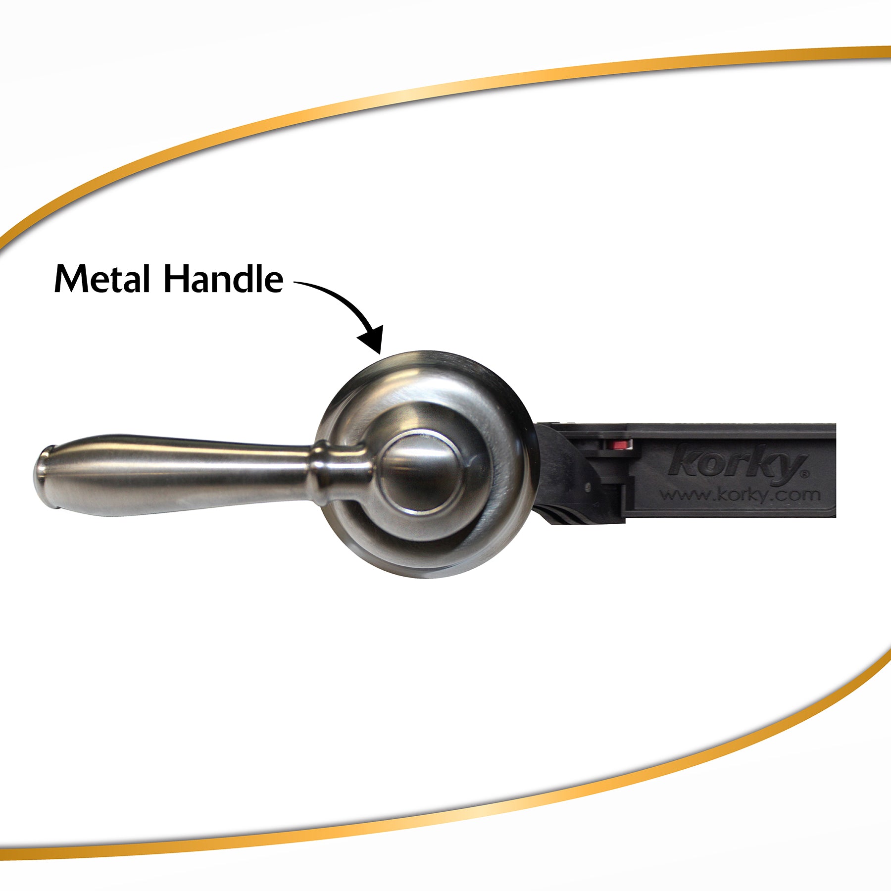 Brushed nickel toilet handle lever with cylindrical metal grip and circular escutcheon plate, connected to black mounting bra