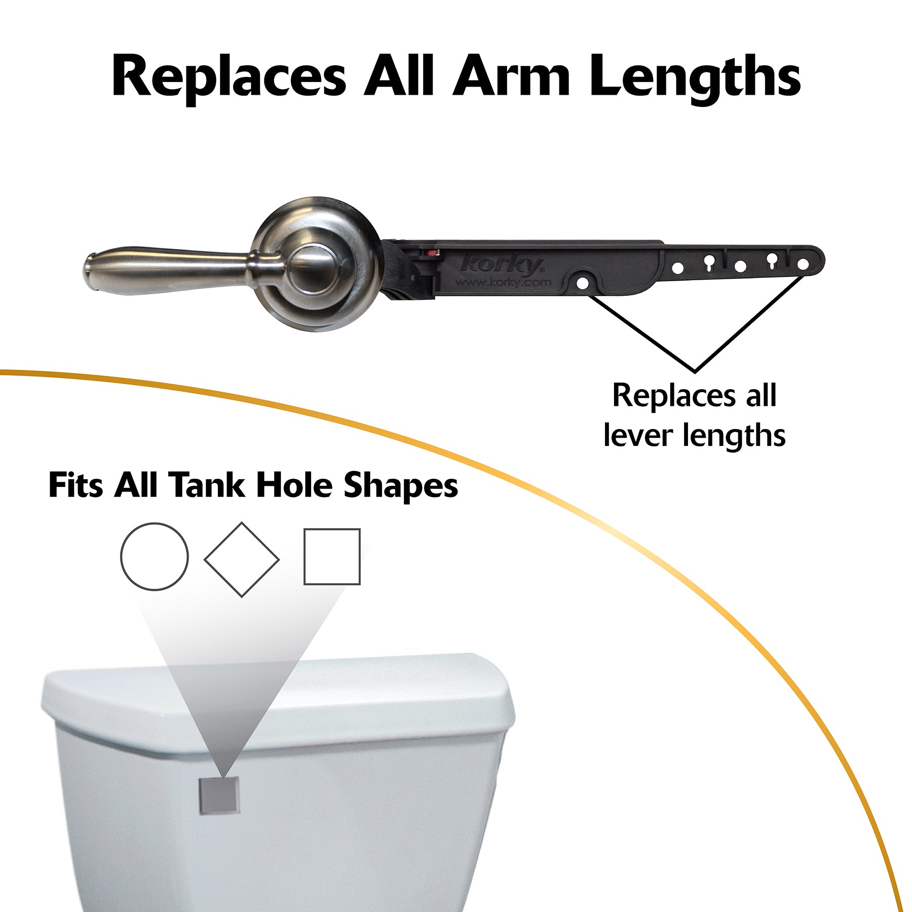 Brushed nickel toilet handle lever with adjustable arm and mounting hardware for various tank hole shapes.