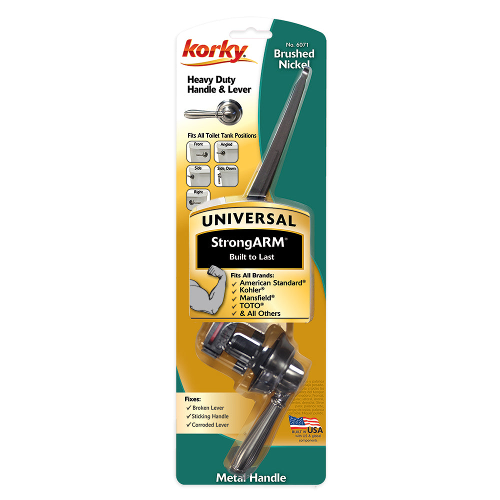 Korky StrongARM brushed nickel toilet handle lever with metal arm and mounting hardware on packaging.